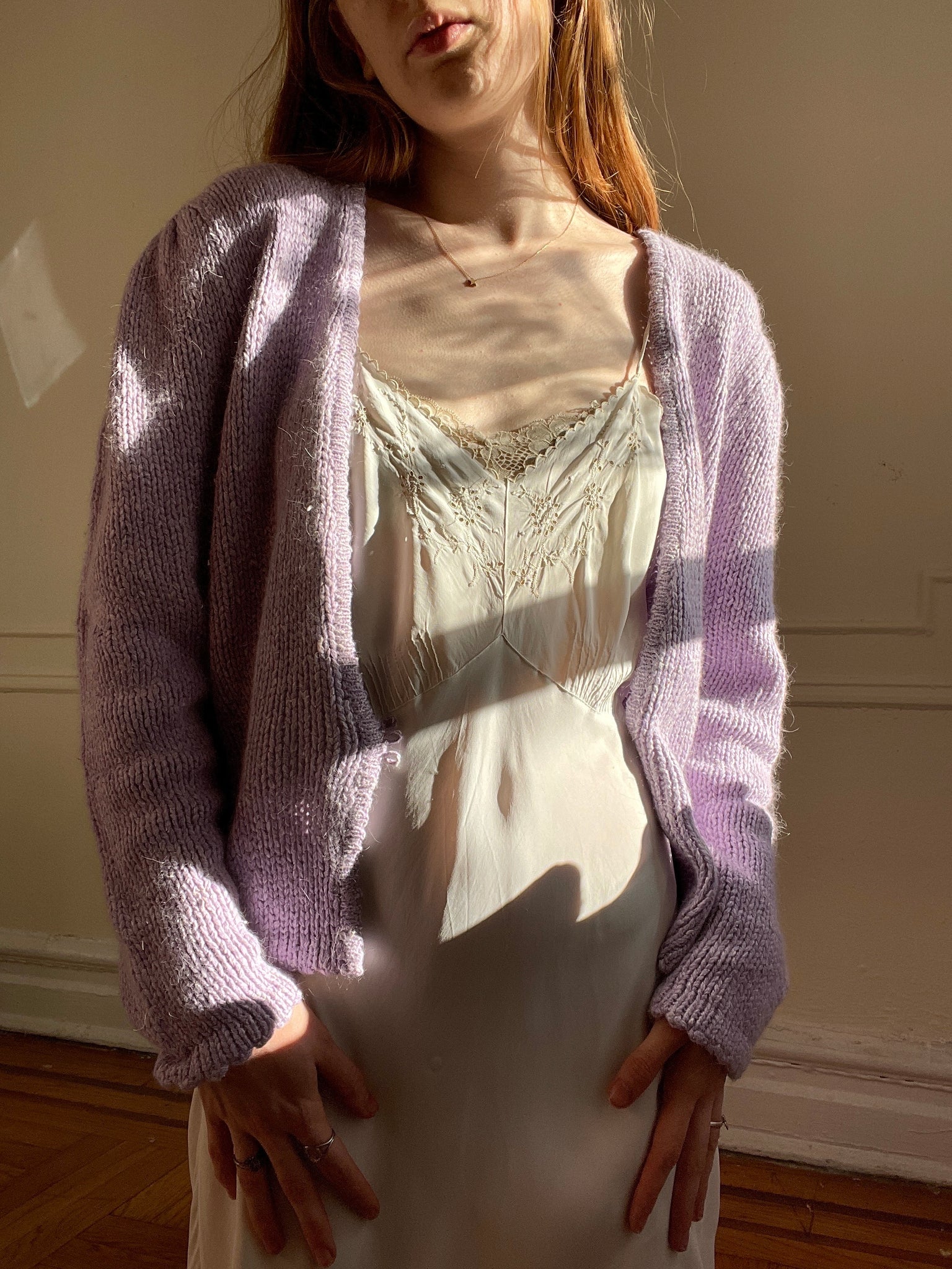 1980s Lilac Purple White Heathered Knit Cardigan Balloon Sleeves