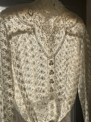 1900s Edwardian Irish Crochet White Cotton Floral Blouse