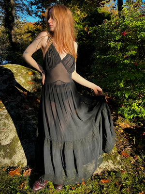 1940s Black Lace Sheer Rayon Bias Cut Full Slip Dress Low Back Handsewn Details