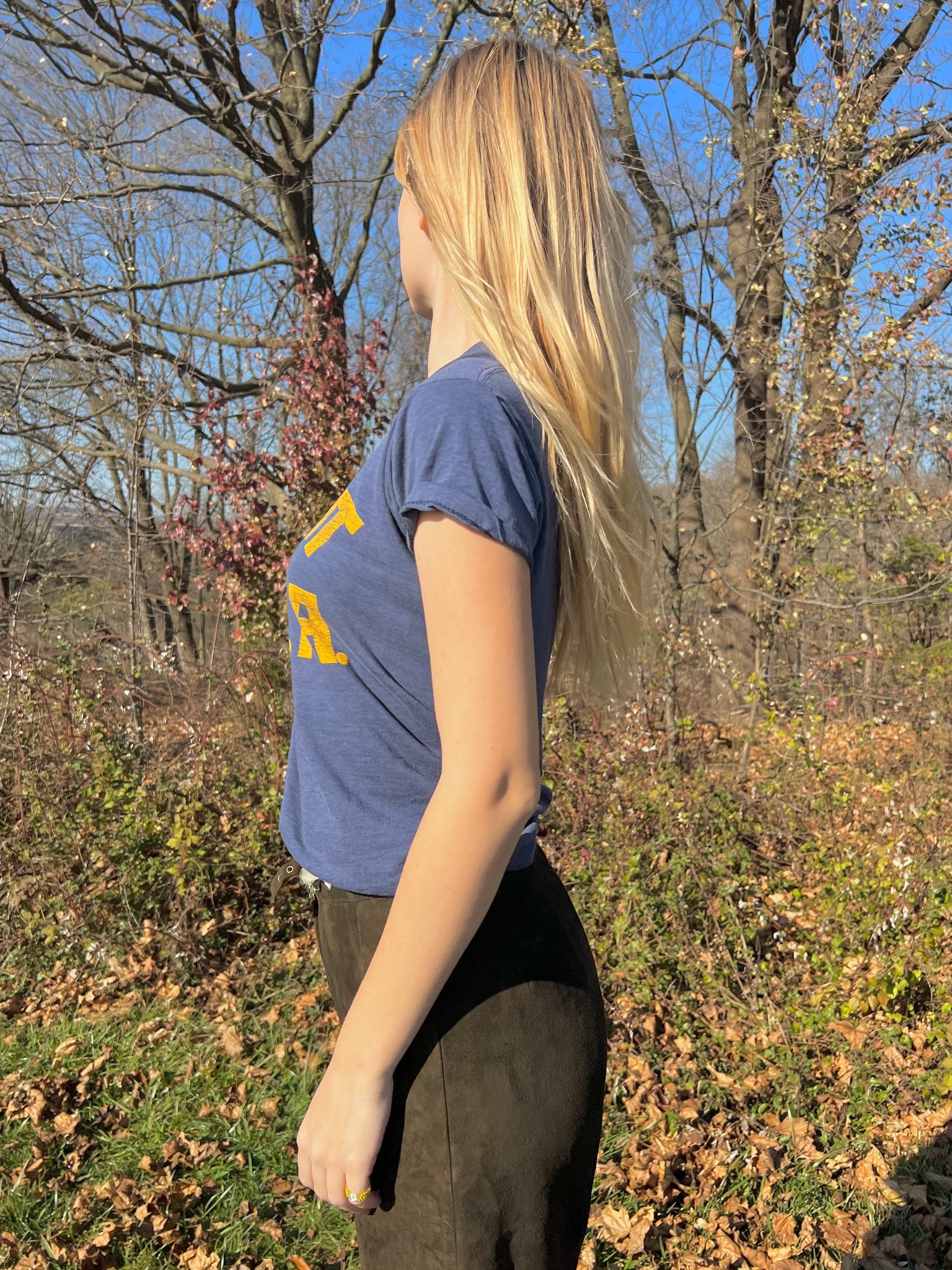 1970s Paper Thin Cotton Navy Blue and Mustard Graphic “ELMONT FBLA” T-Shirt