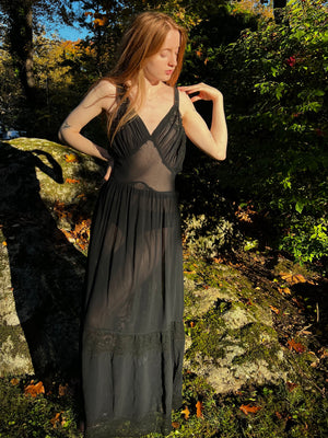 1940s Black Lace Sheer Rayon Bias Cut Full Slip Dress Low Back Handsewn Details