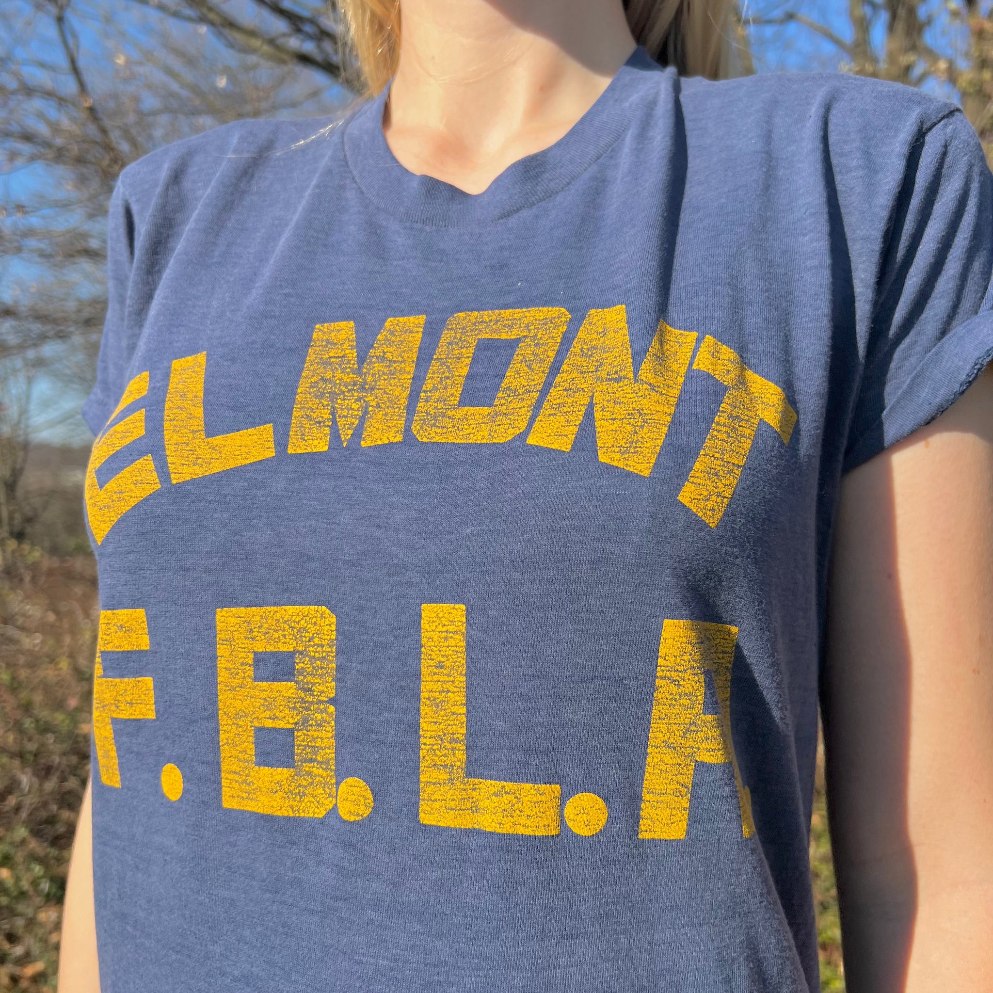 1970s Paper Thin Cotton Navy Blue and Mustard Graphic “ELMONT FBLA” T-Shirt