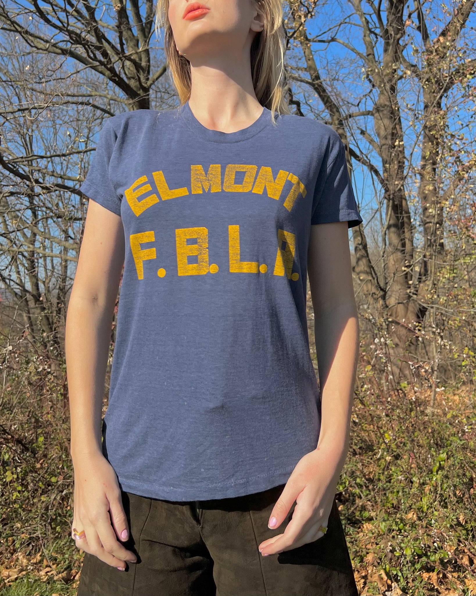 1970s Paper Thin Cotton Navy Blue and Mustard Graphic “ELMONT FBLA” T-Shirt