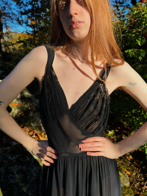 1940s Black Lace Sheer Rayon Bias Cut Full Slip Dress Low Back Handsewn Details