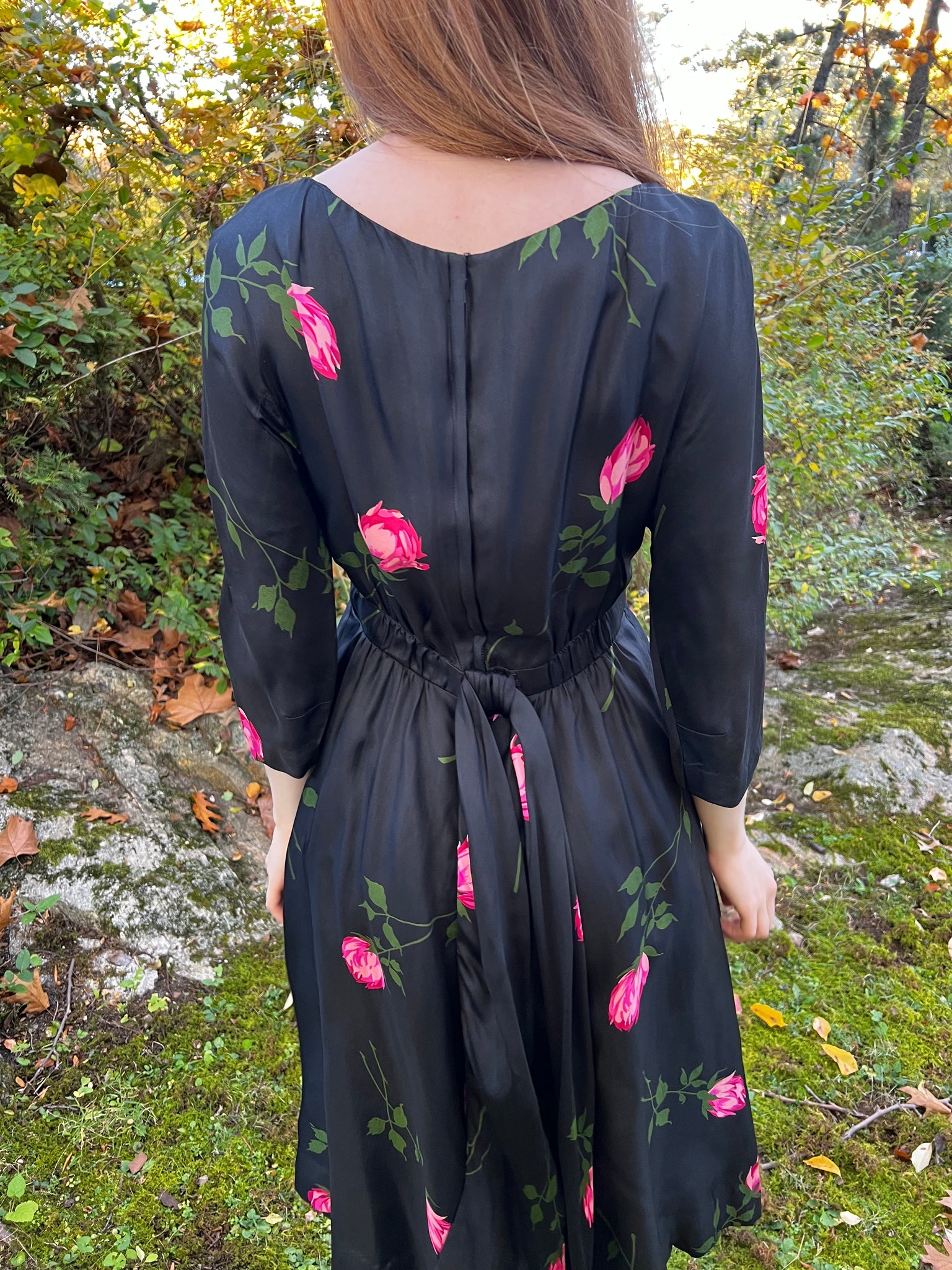 1950s Silk Black Pink Rose Printed Midi Dress