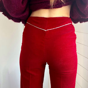 1970s Cherry Red Corduroy High Rise Bell Bottom Pants with Western White Piping Details