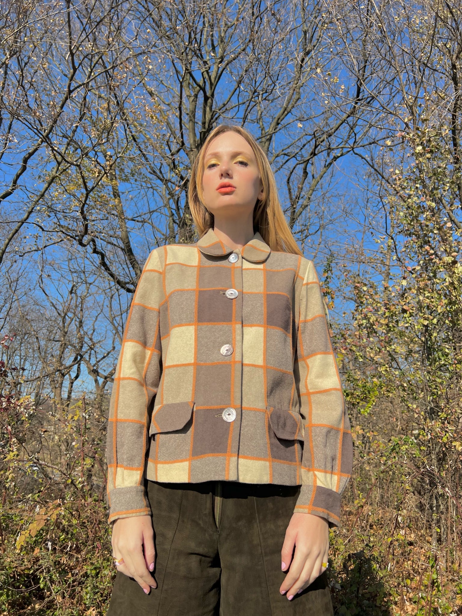 1940s/1950s Pendleton Wool Orange and Brown Plaid Cropped Coat with Pintuck Details and Peter Pan Collar
