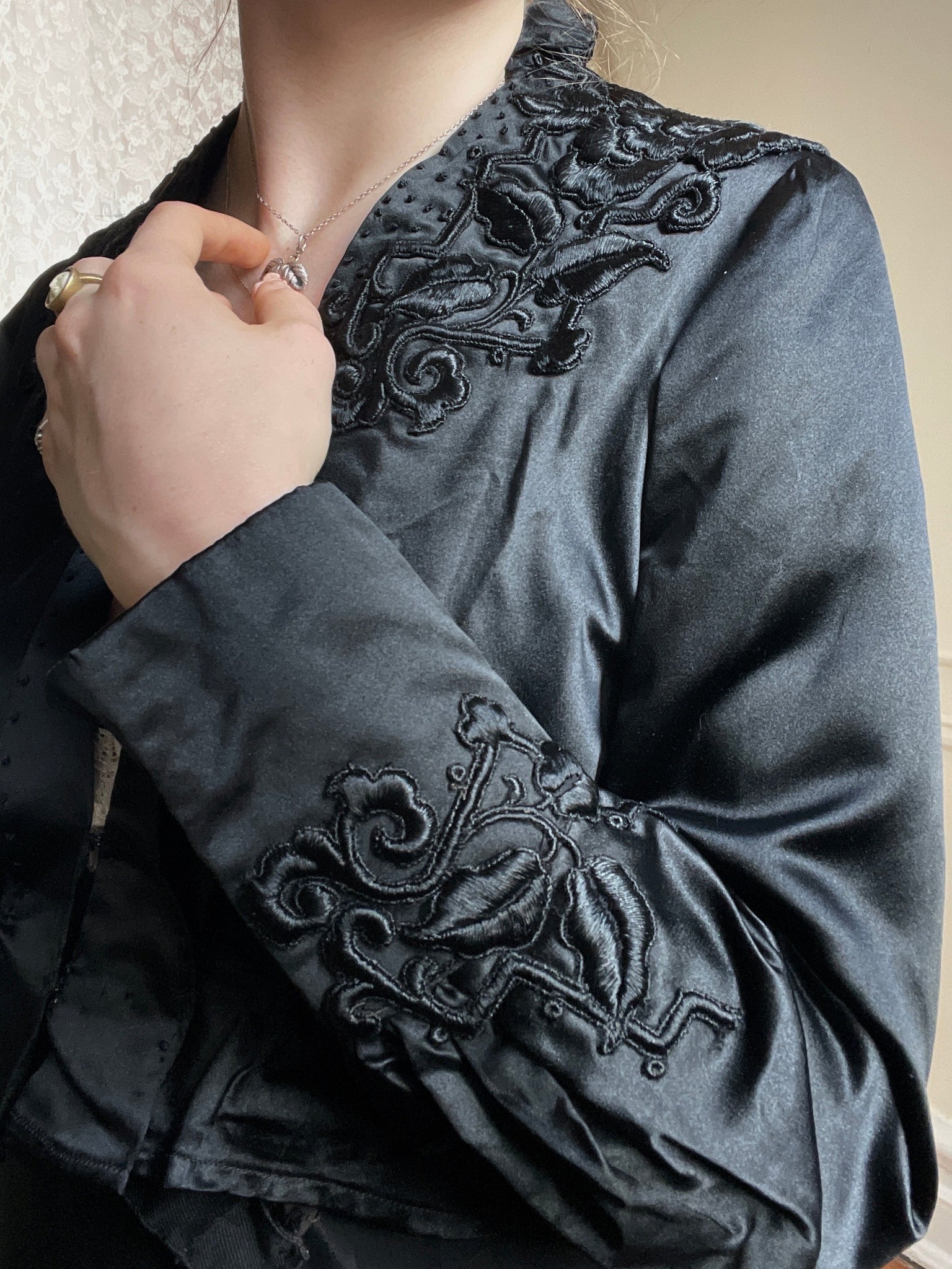 1900s Black Silk Bodice Jacket Floral