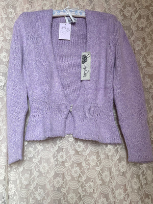 1980s Lilac Purple White Heathered Knit Cardigan Balloon Sleeves