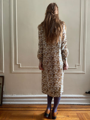 1970s Orange and Purple Floral Balloon Sleeve Dress