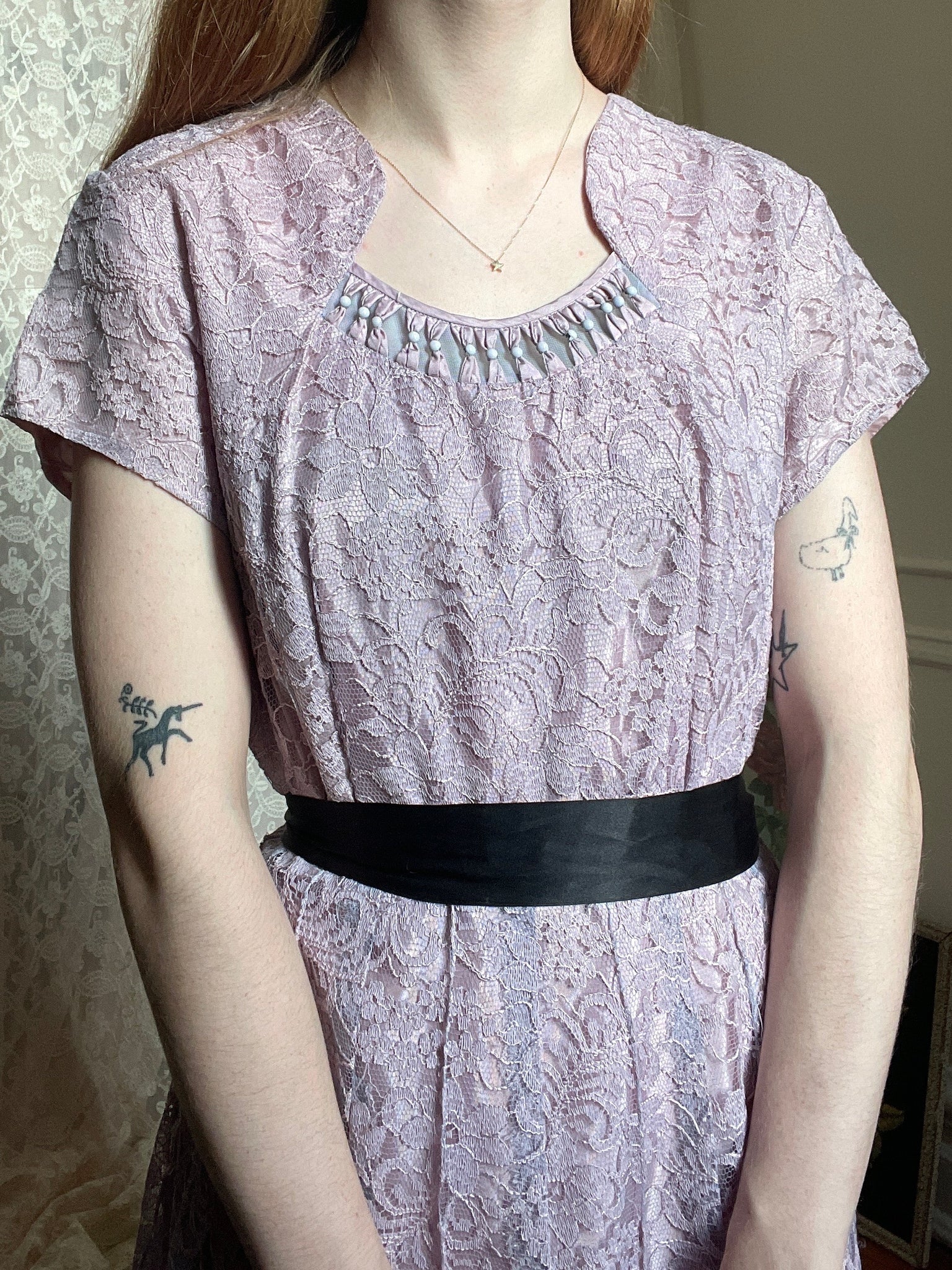 1950s Lilac Light Purple Lace Midi Dress