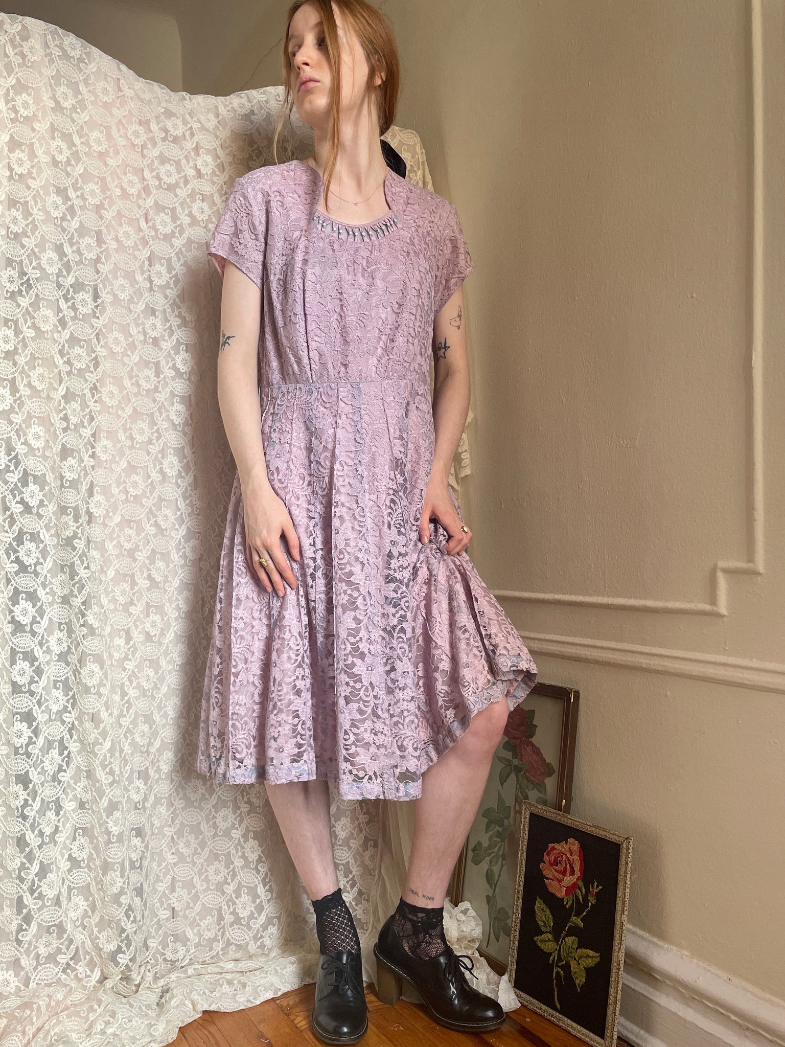 1950s Lilac Light Purple Lace Midi Dress