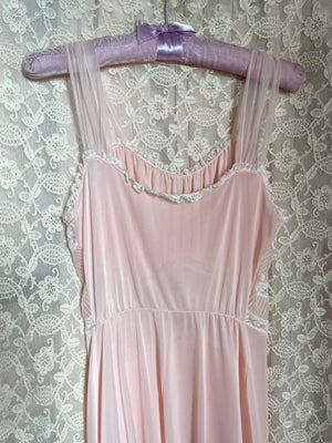 1940s Pink Nylon Sheer Lace Ruched Stomach Slip Dress