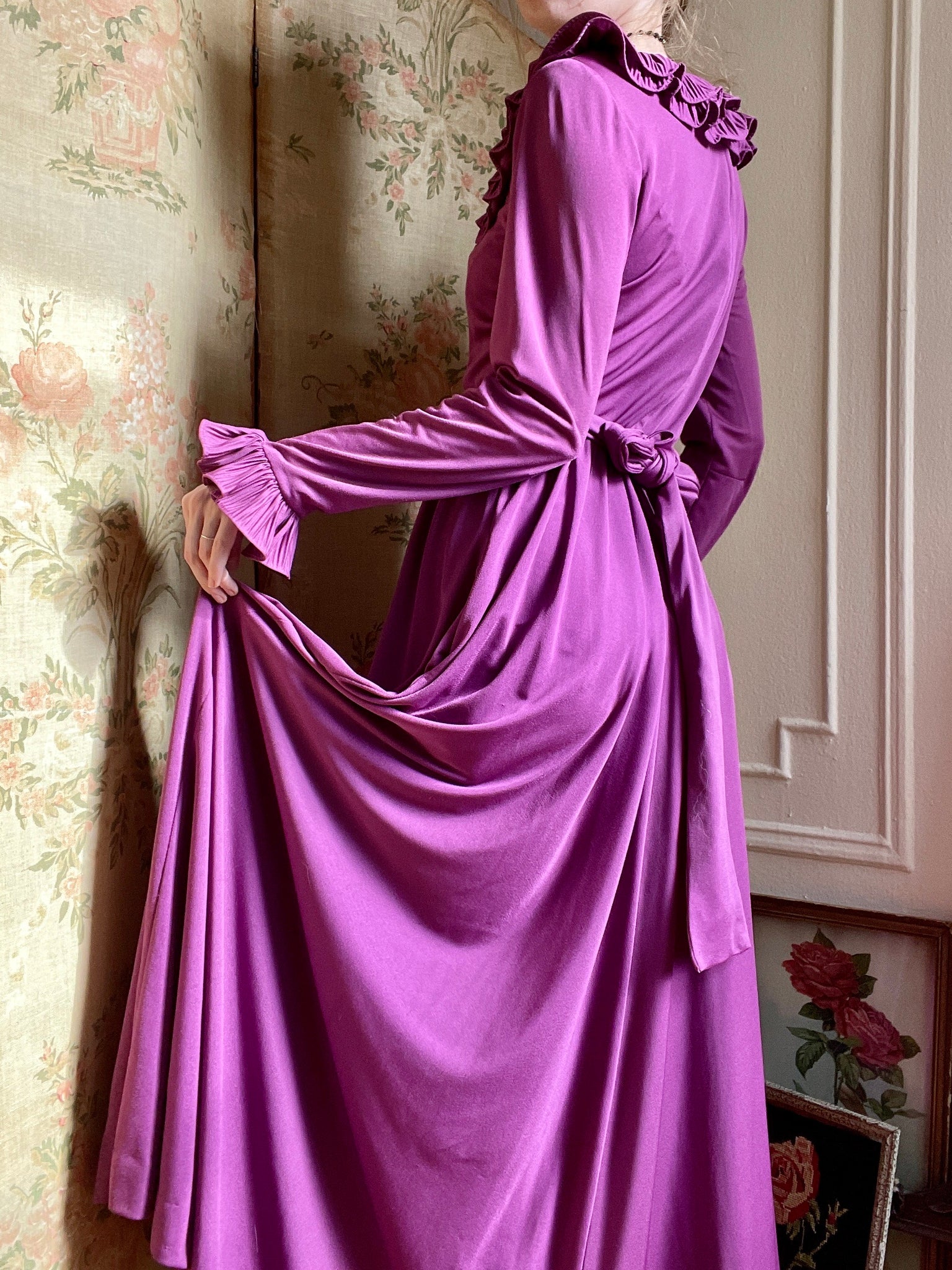 1970s Purple Victor Costa Ruffle Drape Long Sleeve Maxi Dress