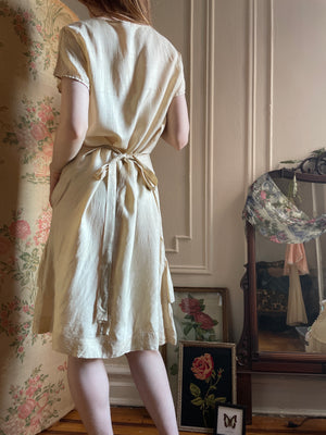 1920s Cream Silk Ruffle Dress Tie Back Light Beige