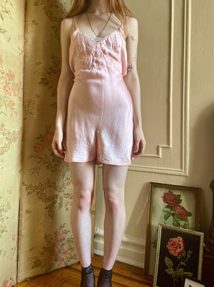 1930s Pink Silk Satin Floral Embroidery Teddy Playsuit Romper