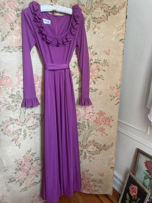 1970s Purple Victor Costa Ruffle Drape Long Sleeve Maxi Dress