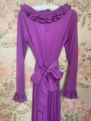 1970s Purple Victor Costa Ruffle Drape Long Sleeve Maxi Dress