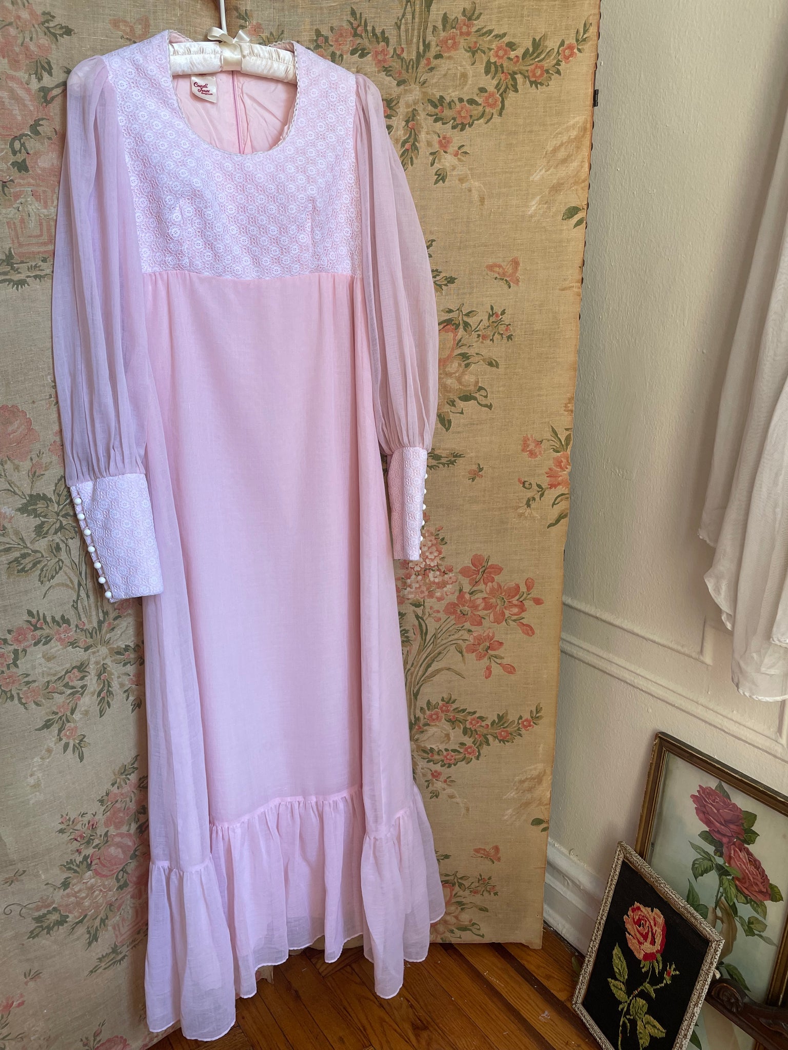 1970s Pink Cotton Gauze Prairie Maxi Dress Balloon Sleeve By Candi Jones California