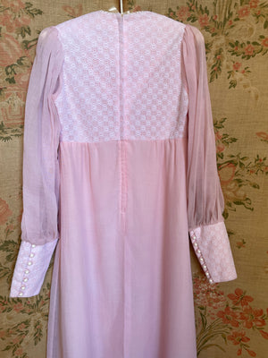 1970s Pink Cotton Gauze Prairie Maxi Dress Balloon Sleeve By Candi Jones California