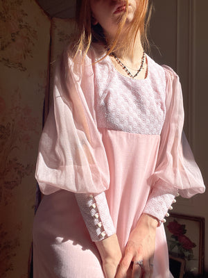 1970s Pink Cotton Gauze Prairie Maxi Dress Balloon Sleeve By Candi Jones California