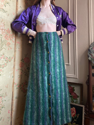 1960s Green Purple Striped Mohair Button Down Maxi Skirt