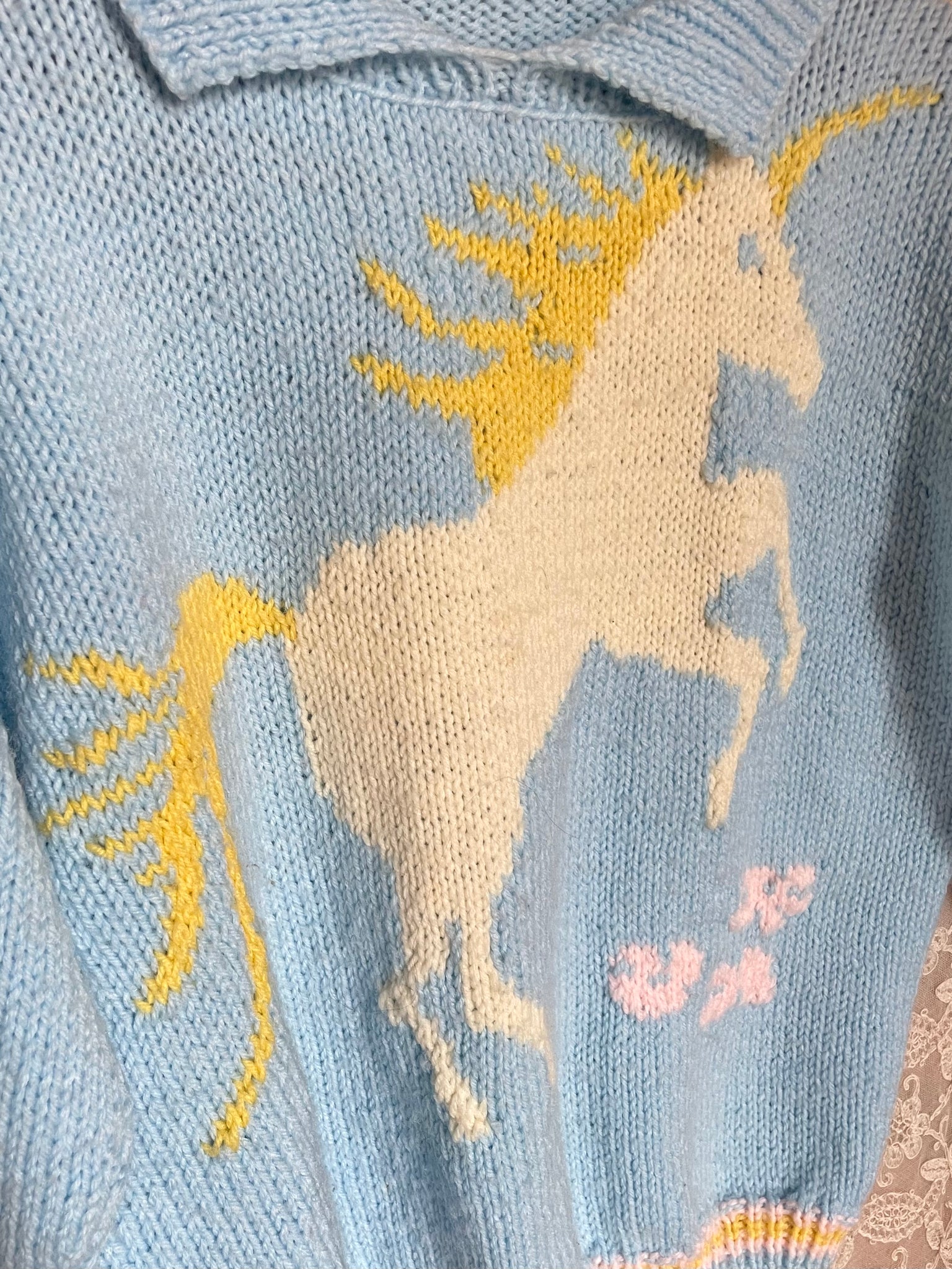 1980s Blue Unicorn Knit Pink Hearts Sweater