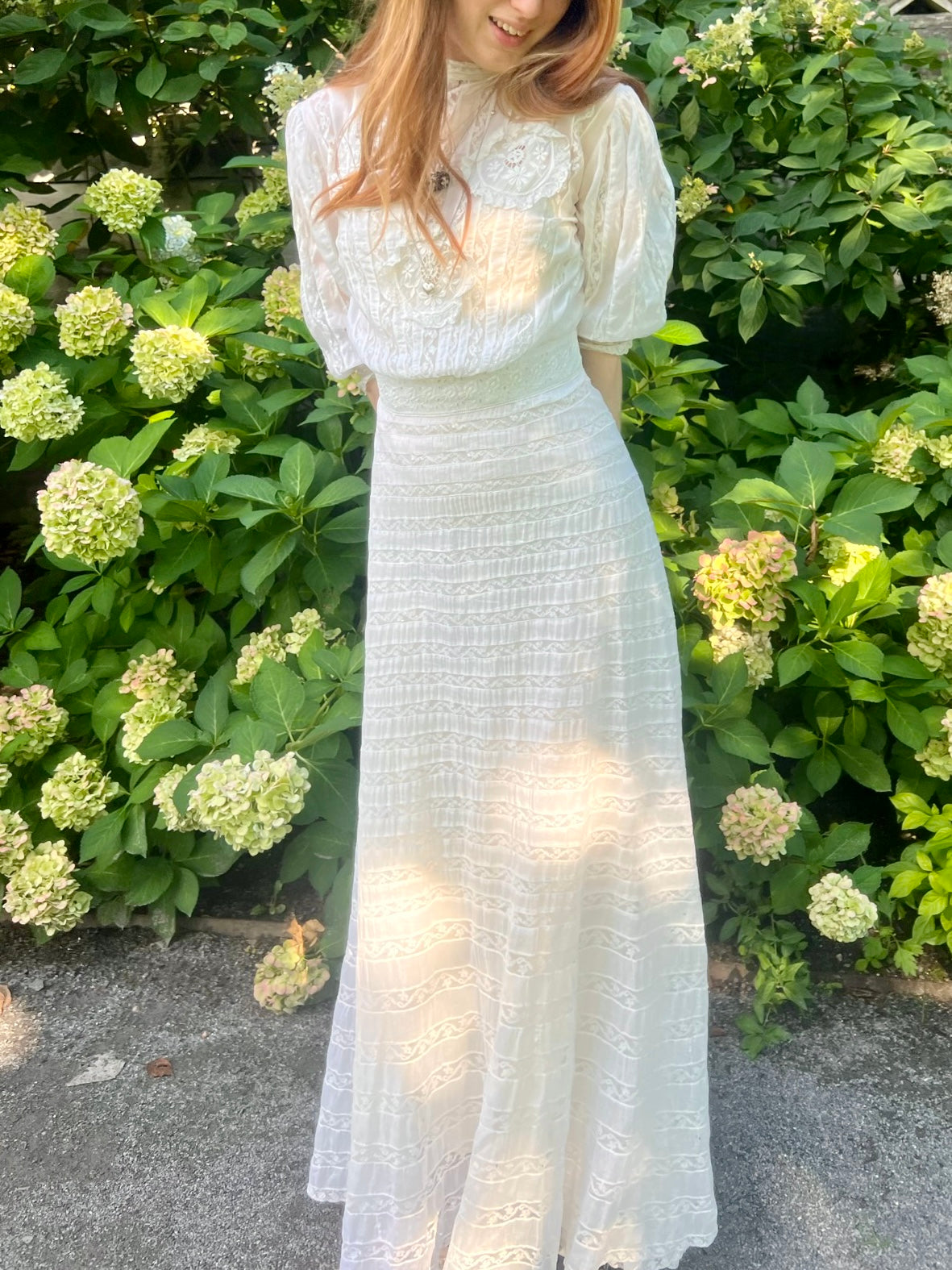 Edwardian 1900s White Cotton Lawn Dress Insert Lace Floral Long Sleeve Wedding Bridal Dress