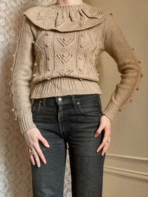 1980s Coffee Brown Bauble Knit Sweater Scoop Collar