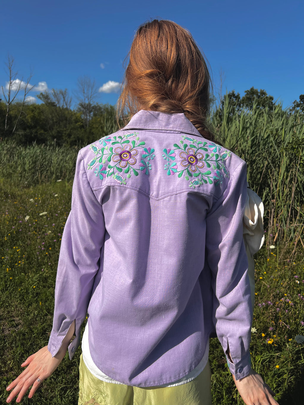 1970s Lavender Floral Embroidery Cotton Shirt Jacket