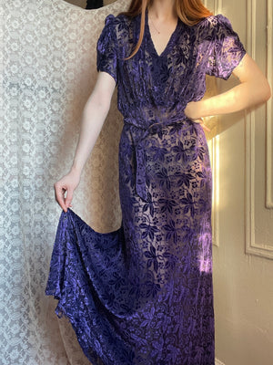 1930s Deep Purple Devore Silk Velvet Gown Bias Cut Sheer Dress