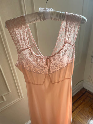 1940s Pink Tambour Lace Slip Dress Bias Cut Rayon Satin