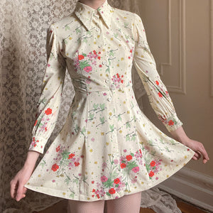 1970s Cream Floral Novelty Bug Dragonfly Print Mini Dress