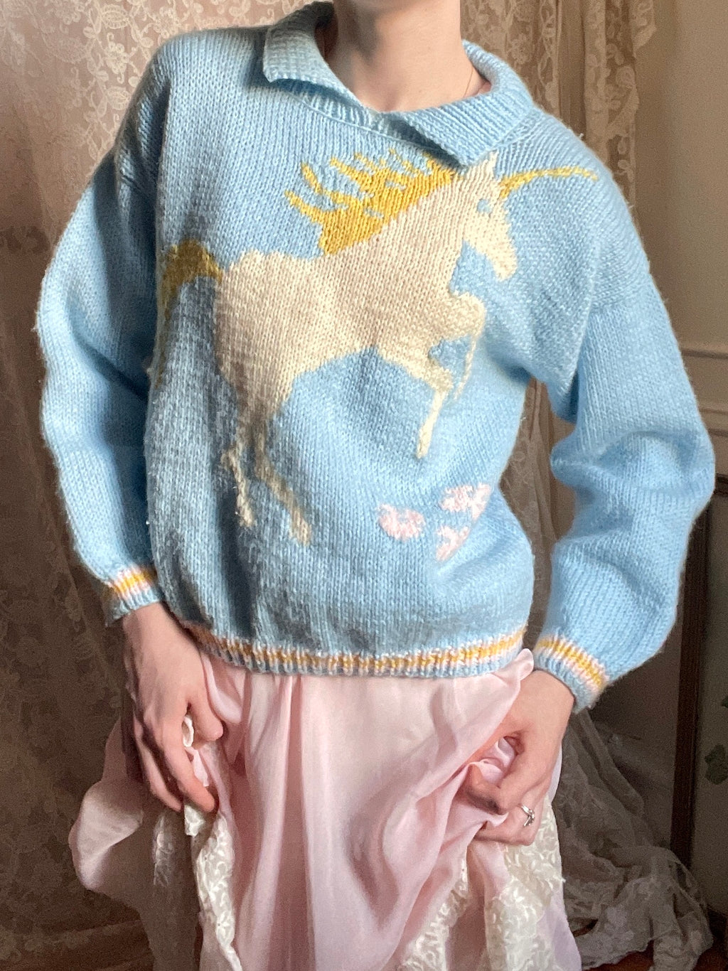 1980s Blue Unicorn Knit Pink Hearts Sweater