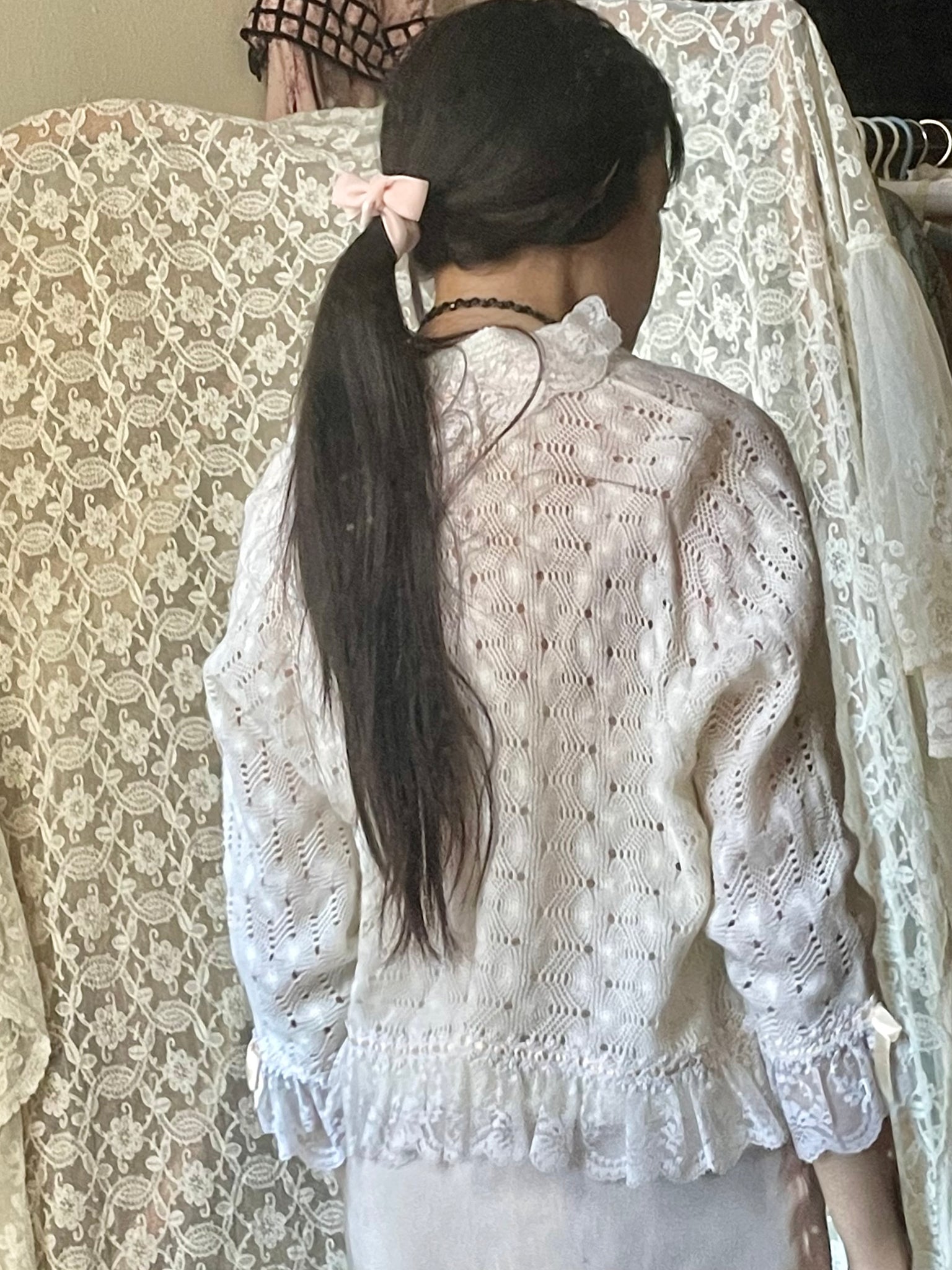 1970s Crochet Bed Jacket Ruffles Lace Pink Ribbon Cardigan Sweater