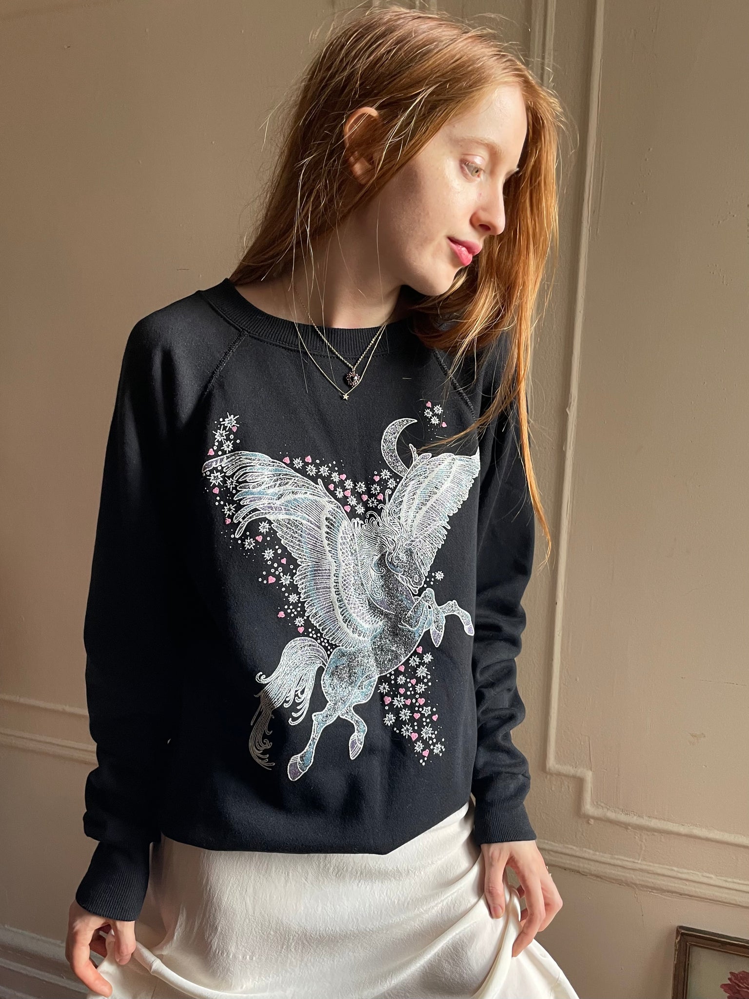 1980s Unicorn Iron on Sparkle Black Sweatshirt