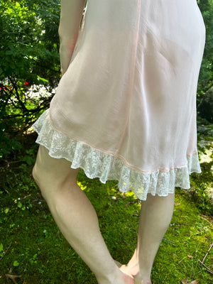 1960s Pale Pink Silk Chiffon Tambour Lace Teddy Mini Slip Dress