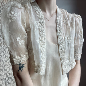 1930s Cream Organza Floral Embroidered Bolero