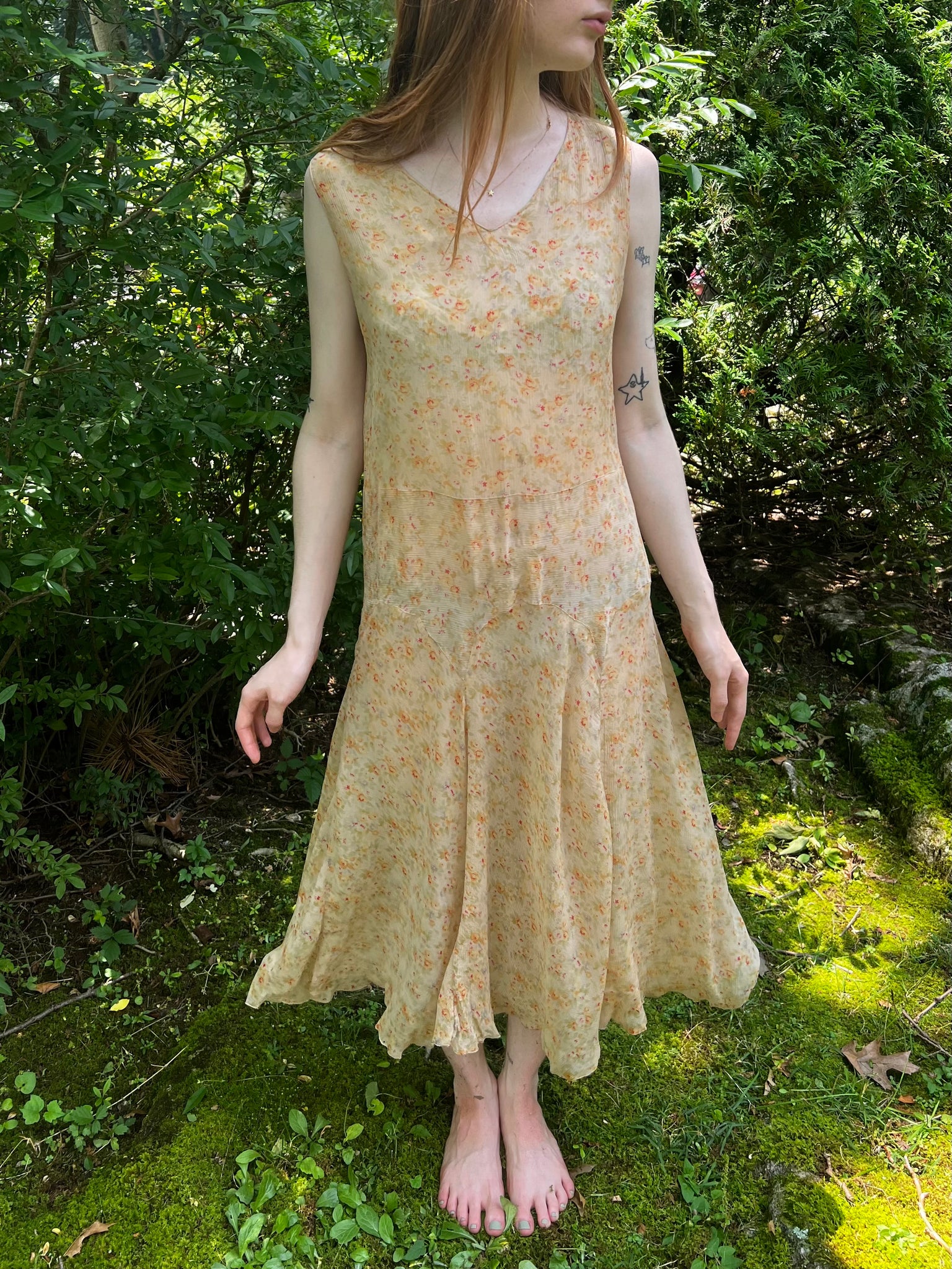 1930s Silk Chiffon Floral Yellow Day Dress