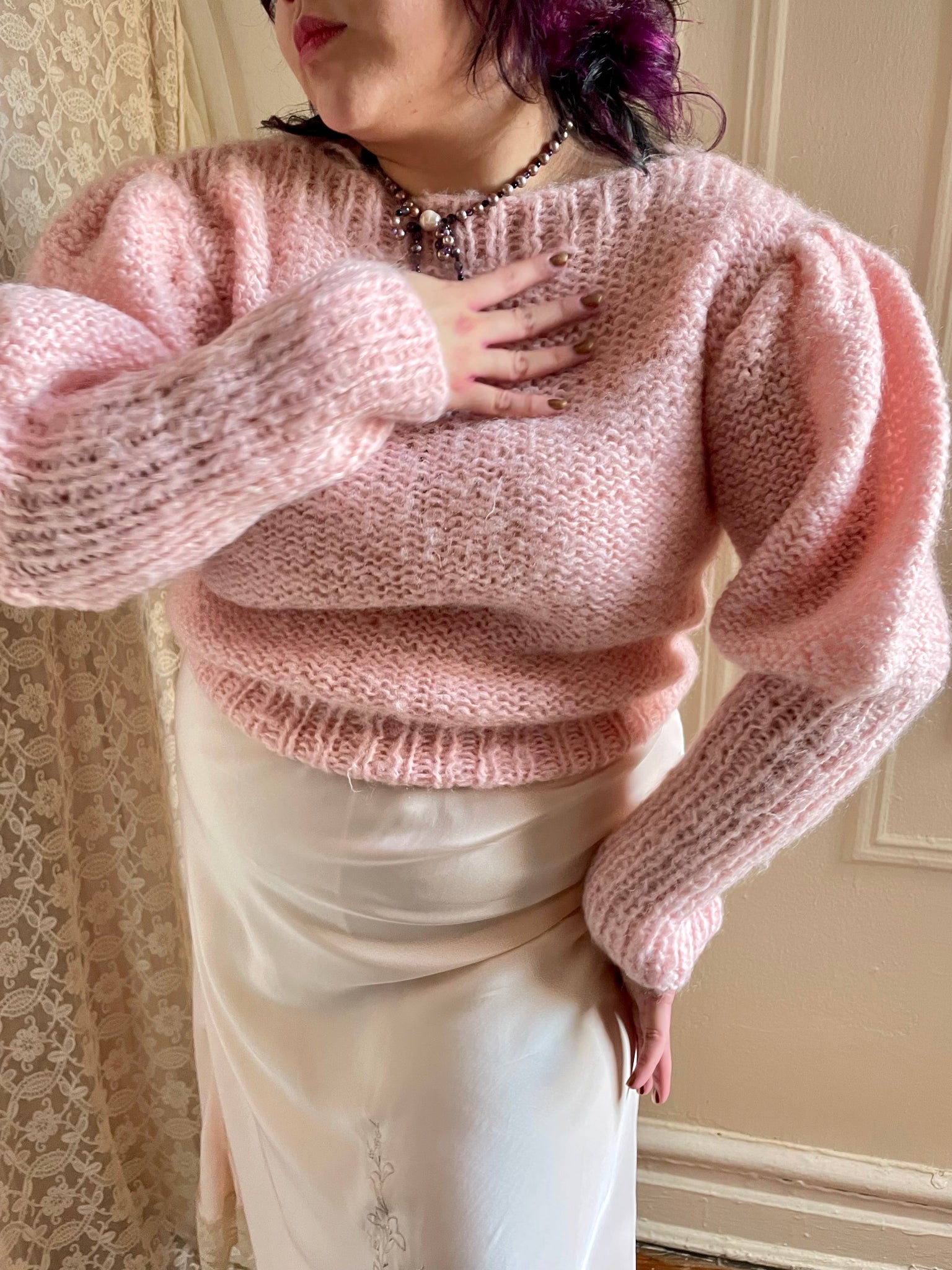 Pink Mutton 1980s Light Pink Italian Knit Sweater Mutton Puff Sleeves – Breath Of ...