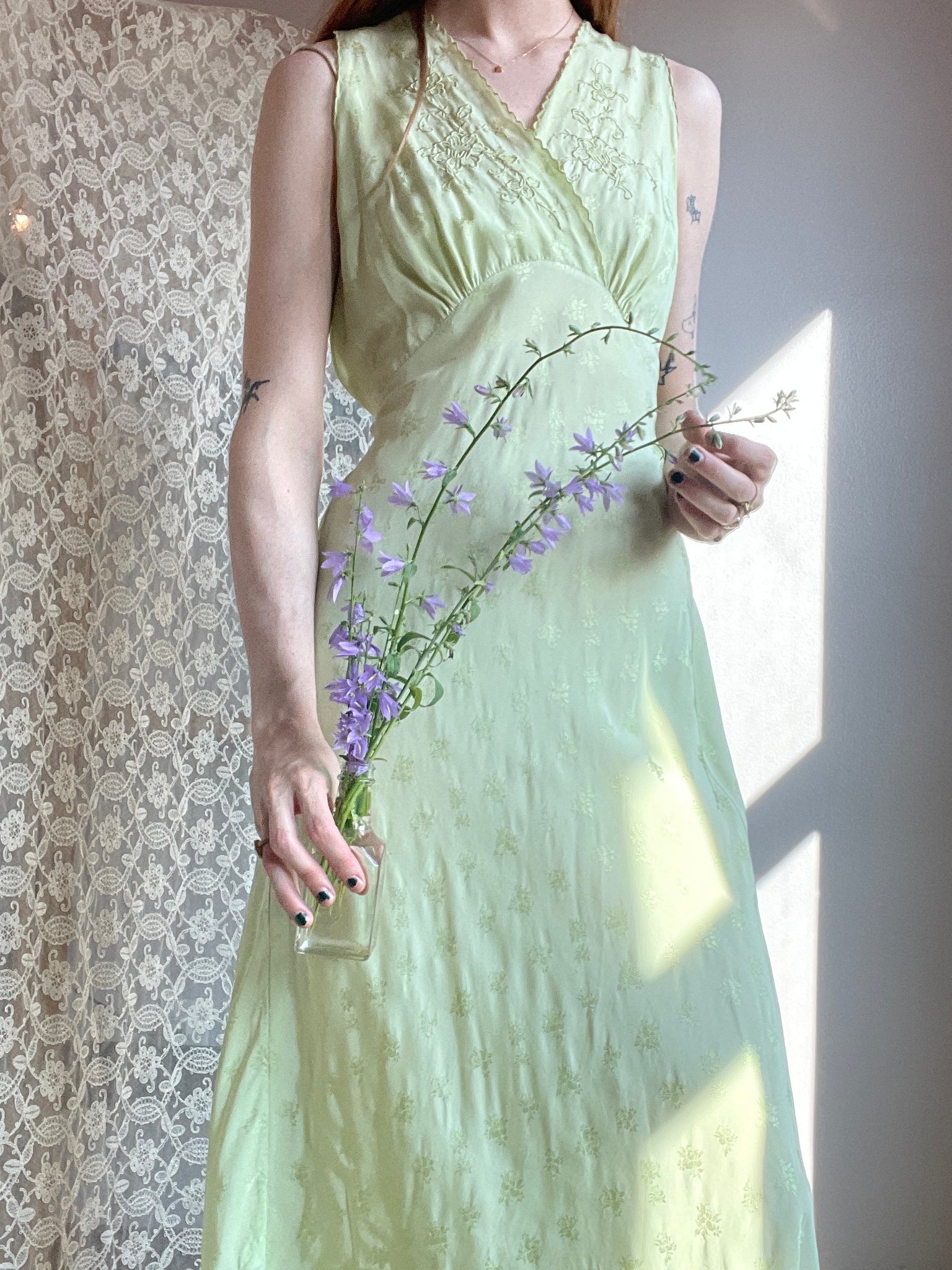 1940s Hand Dyed Green Floral Brocade Rayon Bias Cut Slip Dress Embroidery