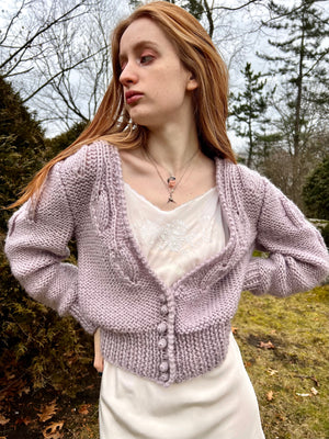 1980s Lavender Cardigan Knit Sweater Balloon Sleeves Button Up