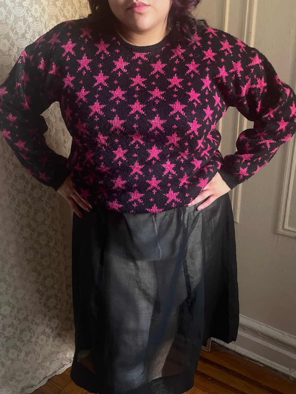 1980s Black Pink Star Sweater Sparkle
