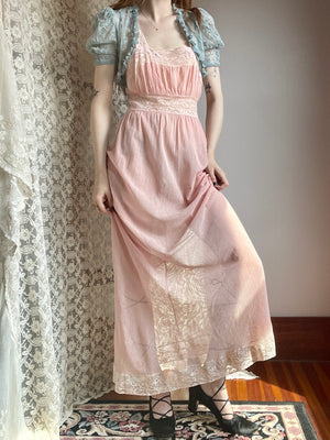 1930s Pale Pink Fishnet Net Bias Cut Midi Slip Dress Lace Appliqué