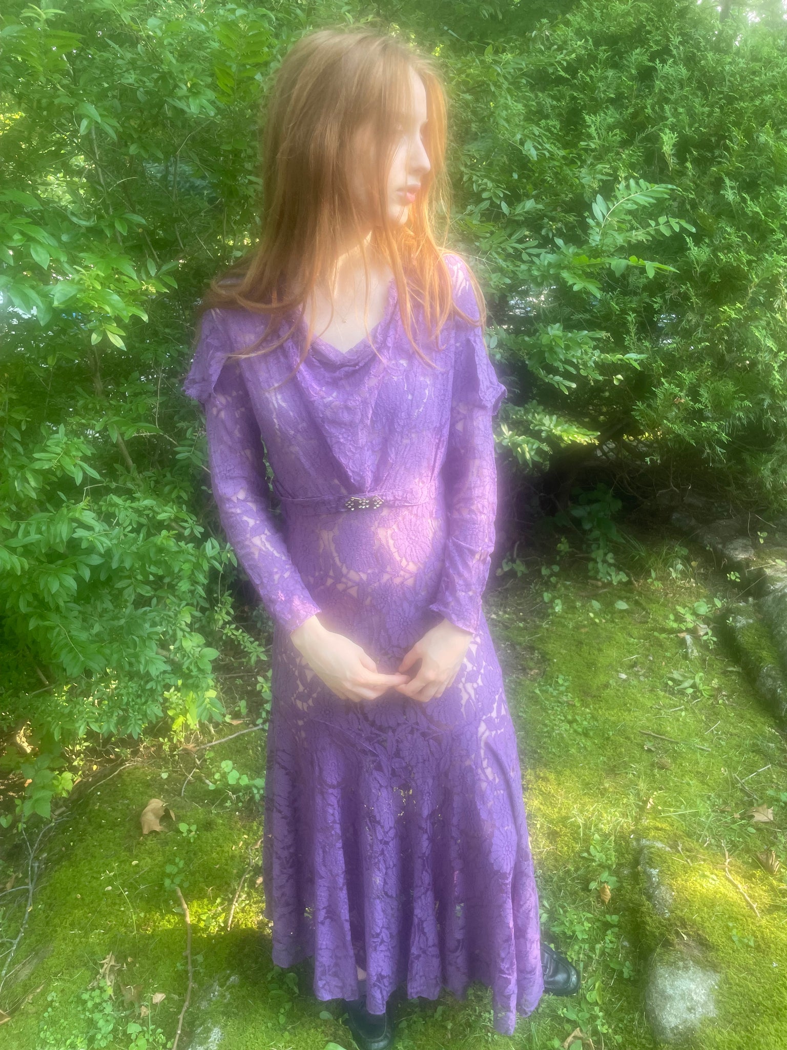 1930s Purple Floral Lace Dress Gown Crystal Belt