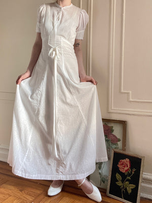 1930s Puff Sleeve Floral White Cotton Wedding Bridal Dress Mother of Pearl Bias Cut