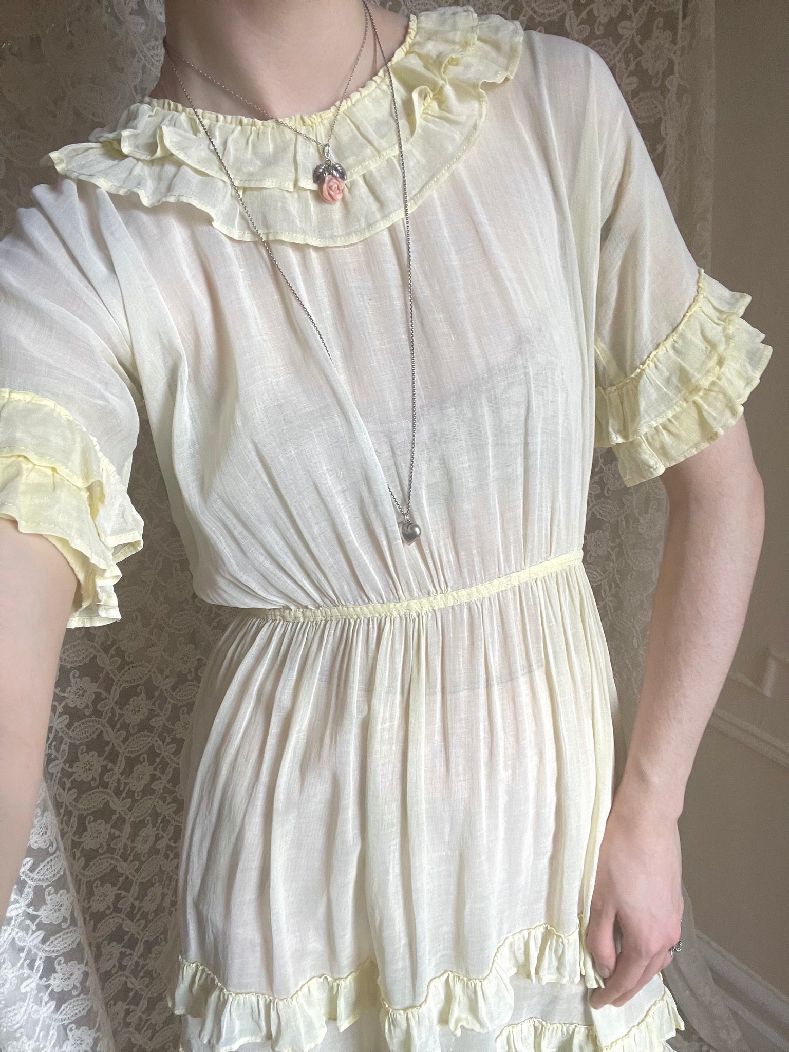 1930s Pale Yellow Cotton Sheer Ruffle Dress