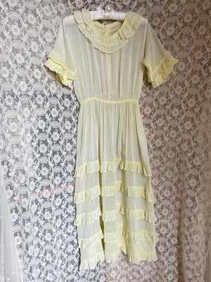 1930s Pale Yellow Cotton Sheer Ruffle Dress