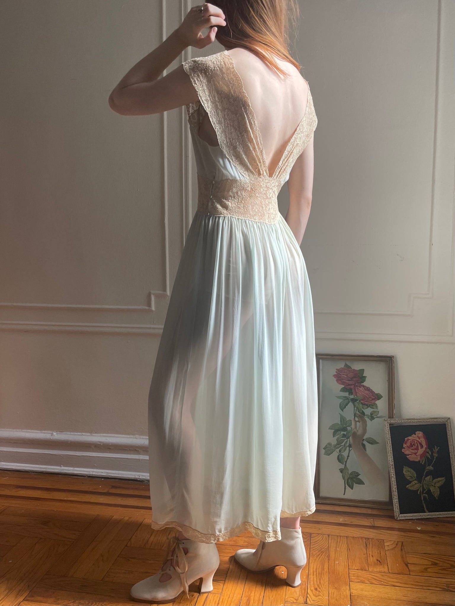 1930s Pale Blue Sheer Silk Chiffon Cream Lace Low Back Dress