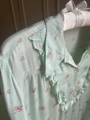 1940s Blue Floral Rayon Dress Button Up Collar